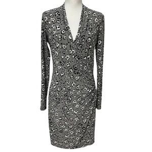 Norma Kamali Leopard Print Long Sleeve Ruched Faux Wrap Grey White Black SZ Med
